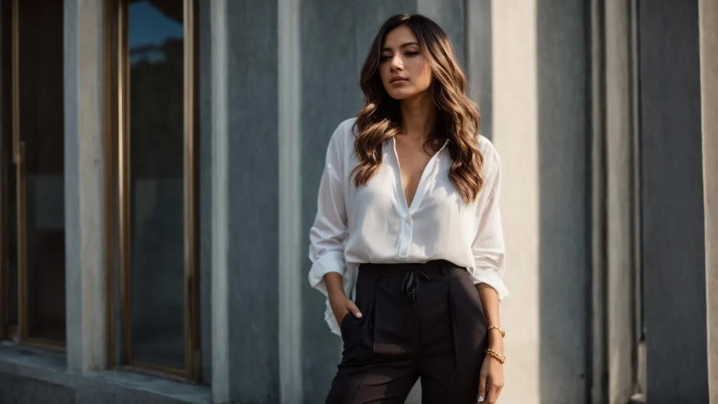 a woman transitions smoothly from sunlight to moonlight, showcasing elegant casual and chic dressy pants.