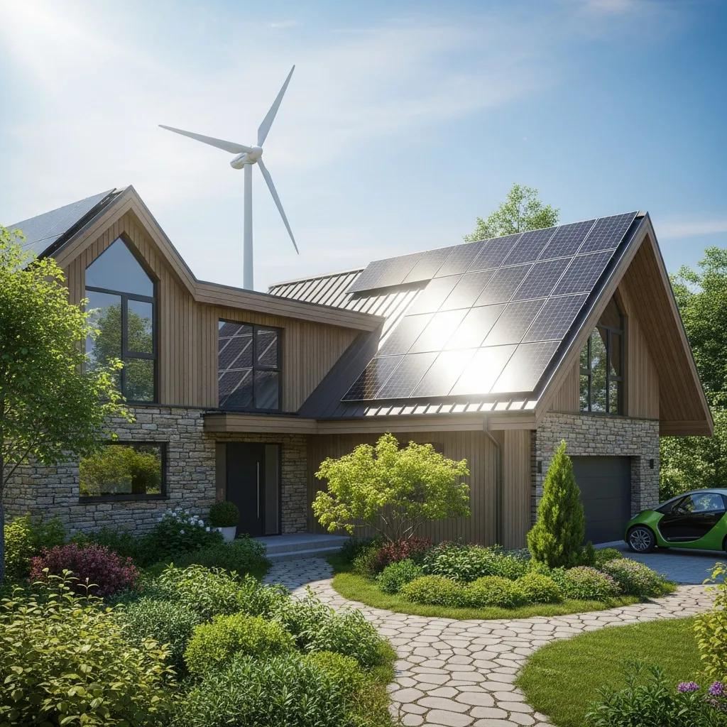 Modern home with solar panels and wind turbine, representing renewable energy solutions