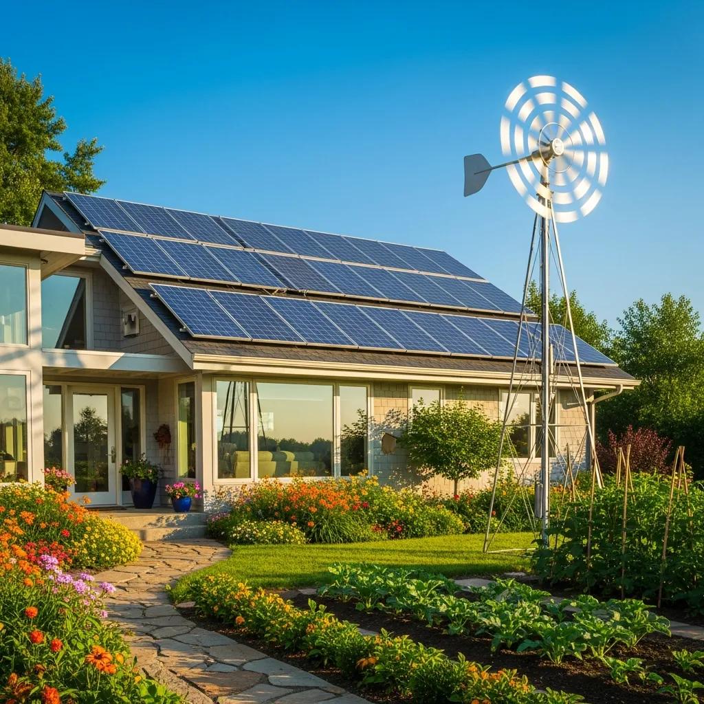 Modern home with solar panels and wind turbines representing renewable energy solutions